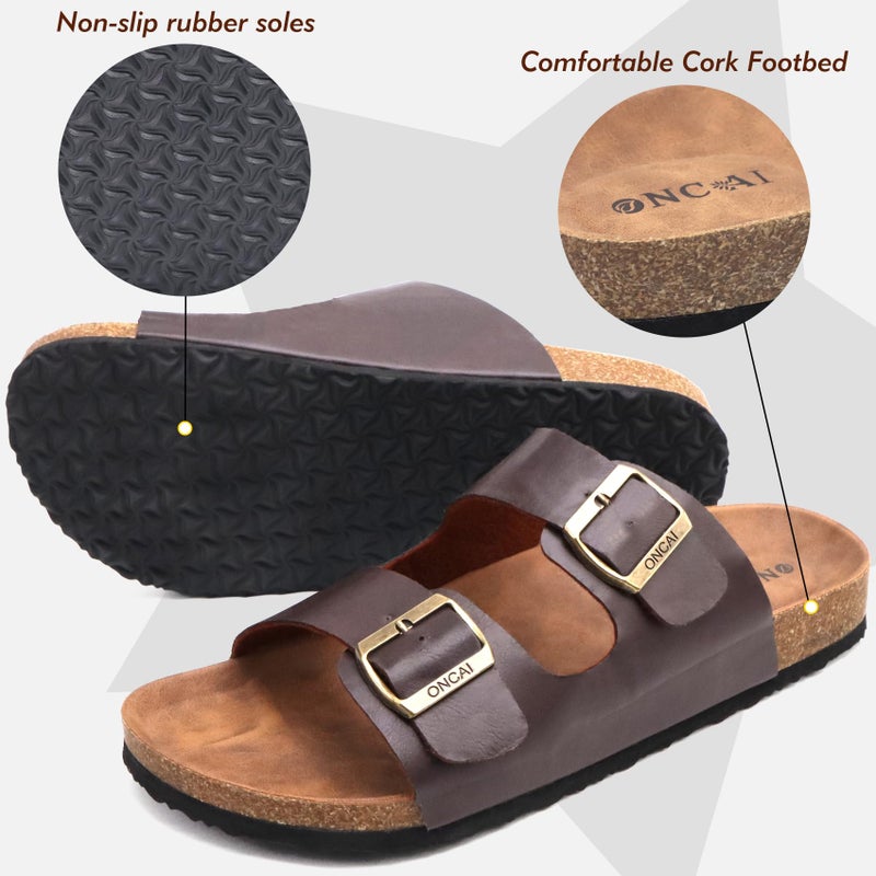 ONCAI Men's-Slide-Sandals-Beach-Slippers-Slippers Shoes & Indoor and Outdoor Anti-skidding Flat Cork Sandals and Fashion Mens Leather Beach Slippers with Two Adjustable Straps Size 12 - Image 3